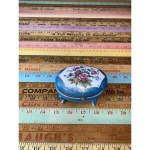 Vintage Norleans Trinket Box Blue Gold Foral Footed 1950's Japan Hinged MCM